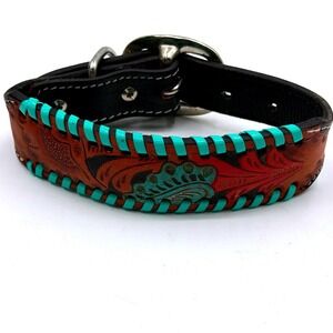 Myra Bag Full Bloom Tooled Leather Dog Collar Brown Turquoise Whipstitch Small